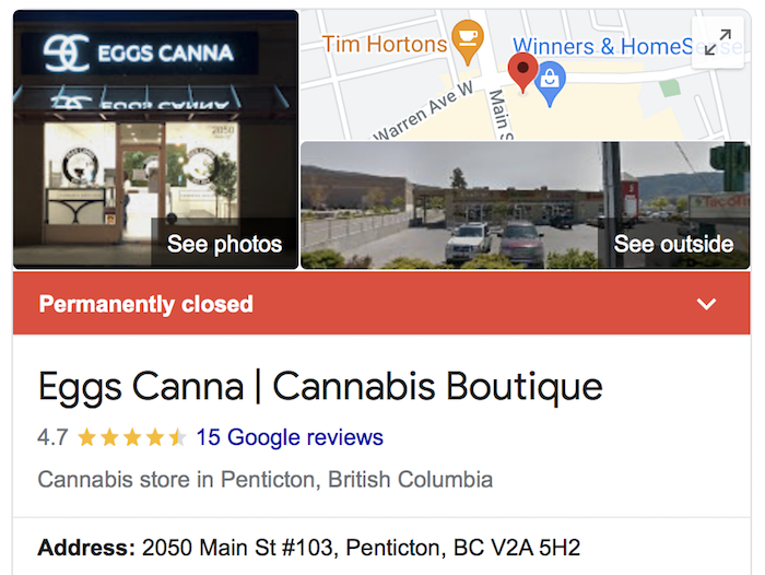 Google screenshot of closed Eggs Canna