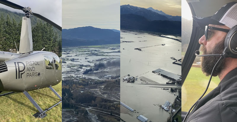 Collage of images, including pilot Dylan King and flooding in the Fraser Valley