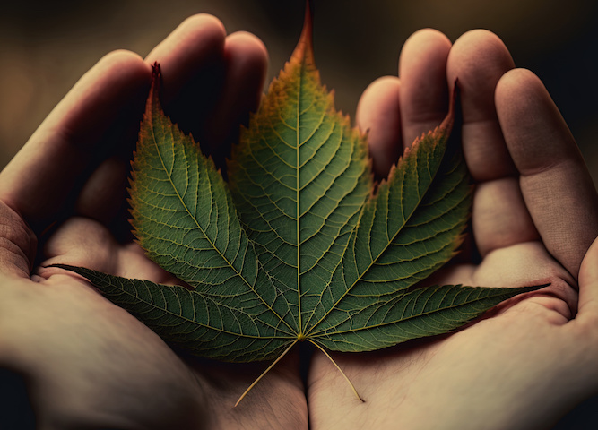 A hemp leaf in cupped hands