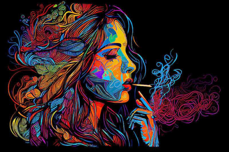 A trippy illustration of a woman smoking cannabis