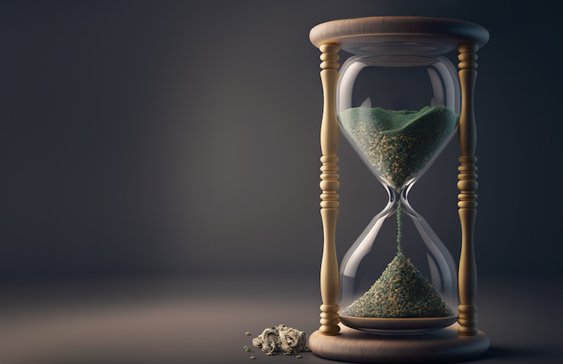 An hourglass filled with cannabis shows how cannabis slows time