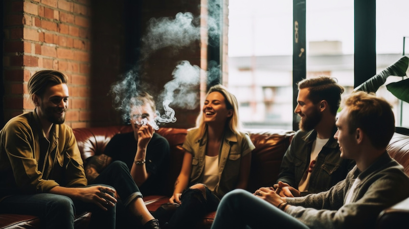 A group of people breathing in secondhand cannabis smoke in a living room setting