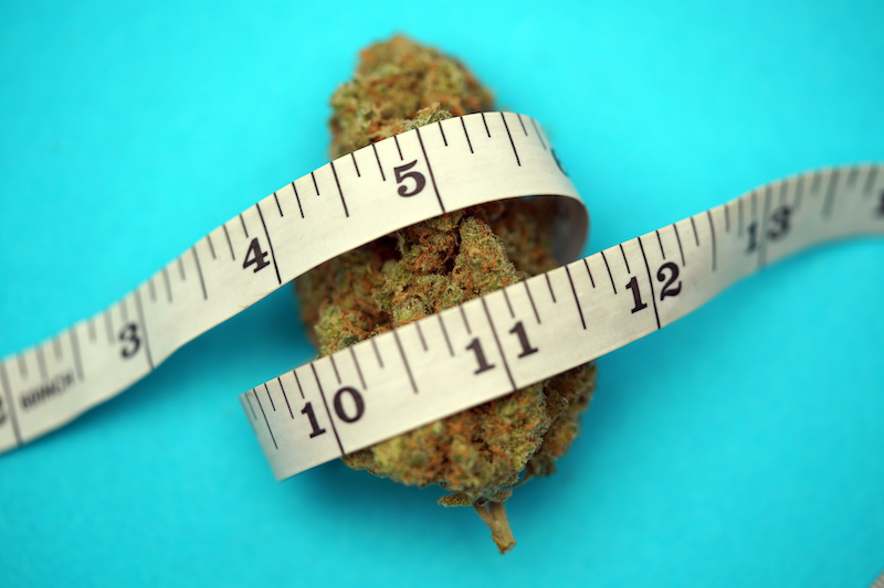 Diet weed, a bud with THCV is wrapped in a tape measure