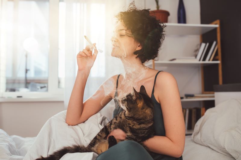 A woman holds a cat with a cannabis related pet name while smoking a joint