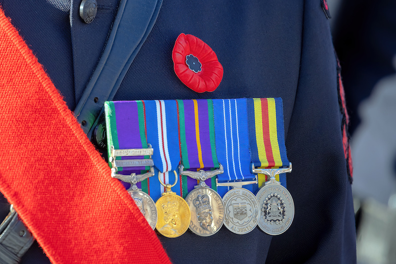 Close up of a veterans medals and poppy. Psychedelic therapies are helping veterans.