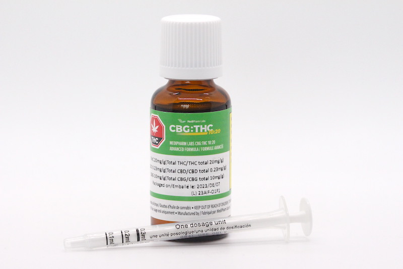 MediPharm Labs CBG:THC 1:2 oil is pictured.